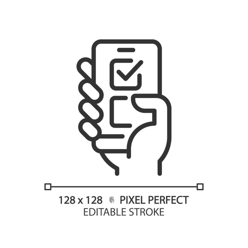 Pixel perfect thin line icon of hand voting through smartphone, isolated editable vector representing online voting.