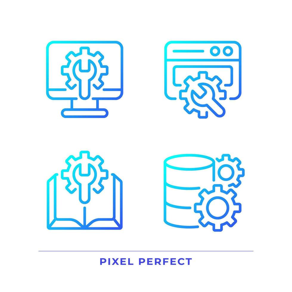 Computer system settings pixel perfect gradient linear vector icons set. Manual. Data storage configuration. Thin line contour symbol designs bundle. Isolated outline illustrations collection