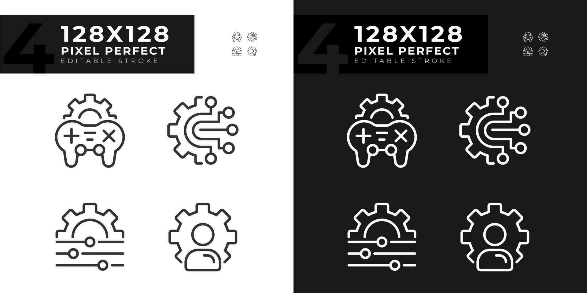 Personal settings pixel perfect linear icons set for dark, light mode. Game customization. Account changes. Thin line symbols for night, day theme. Isolated illustrations. Editable stroke vector