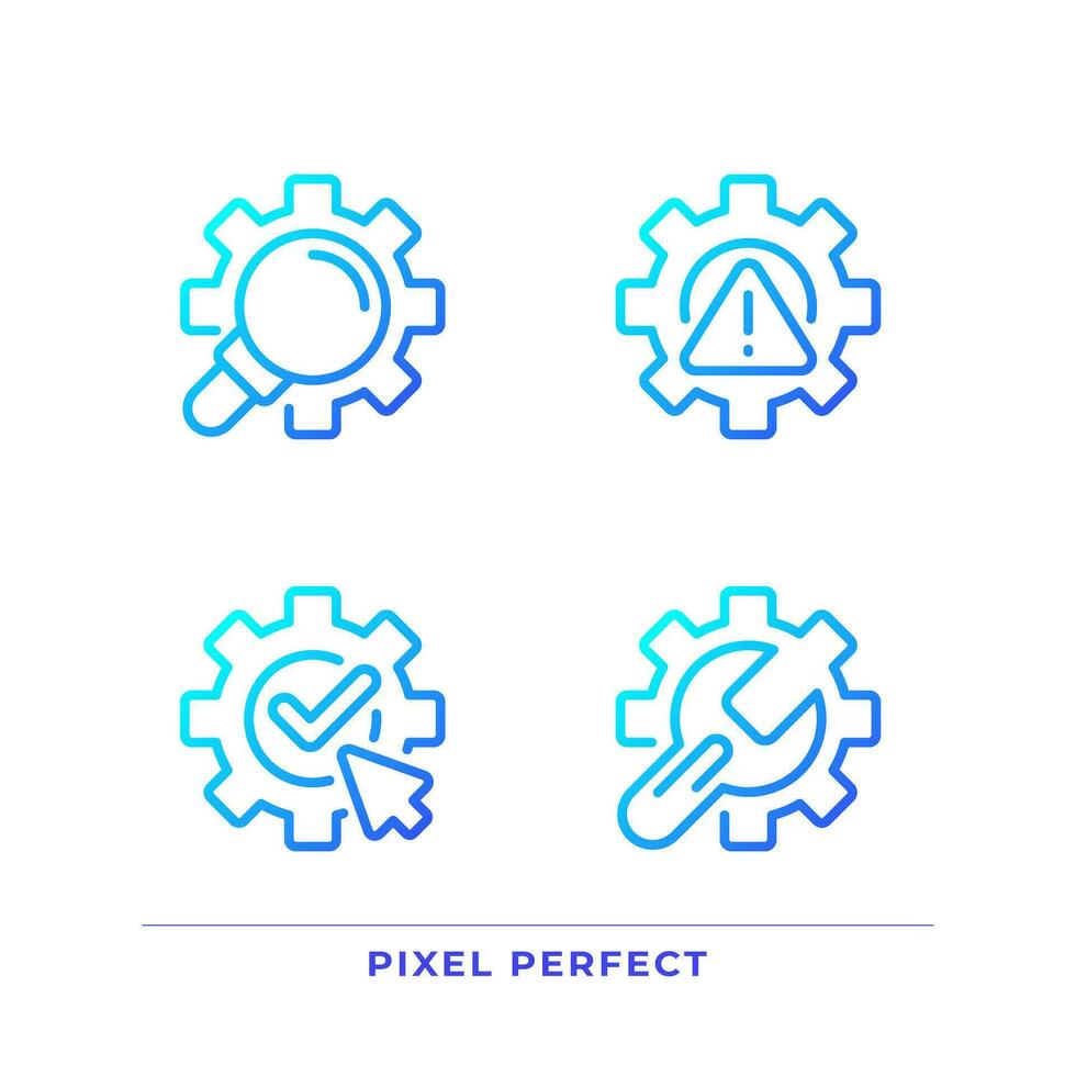 System changes pixel perfect gradient linear vector icons set. Extended search. Complete and save changes. Thin line contour symbol designs bundle. Isolated outline illustrations collection