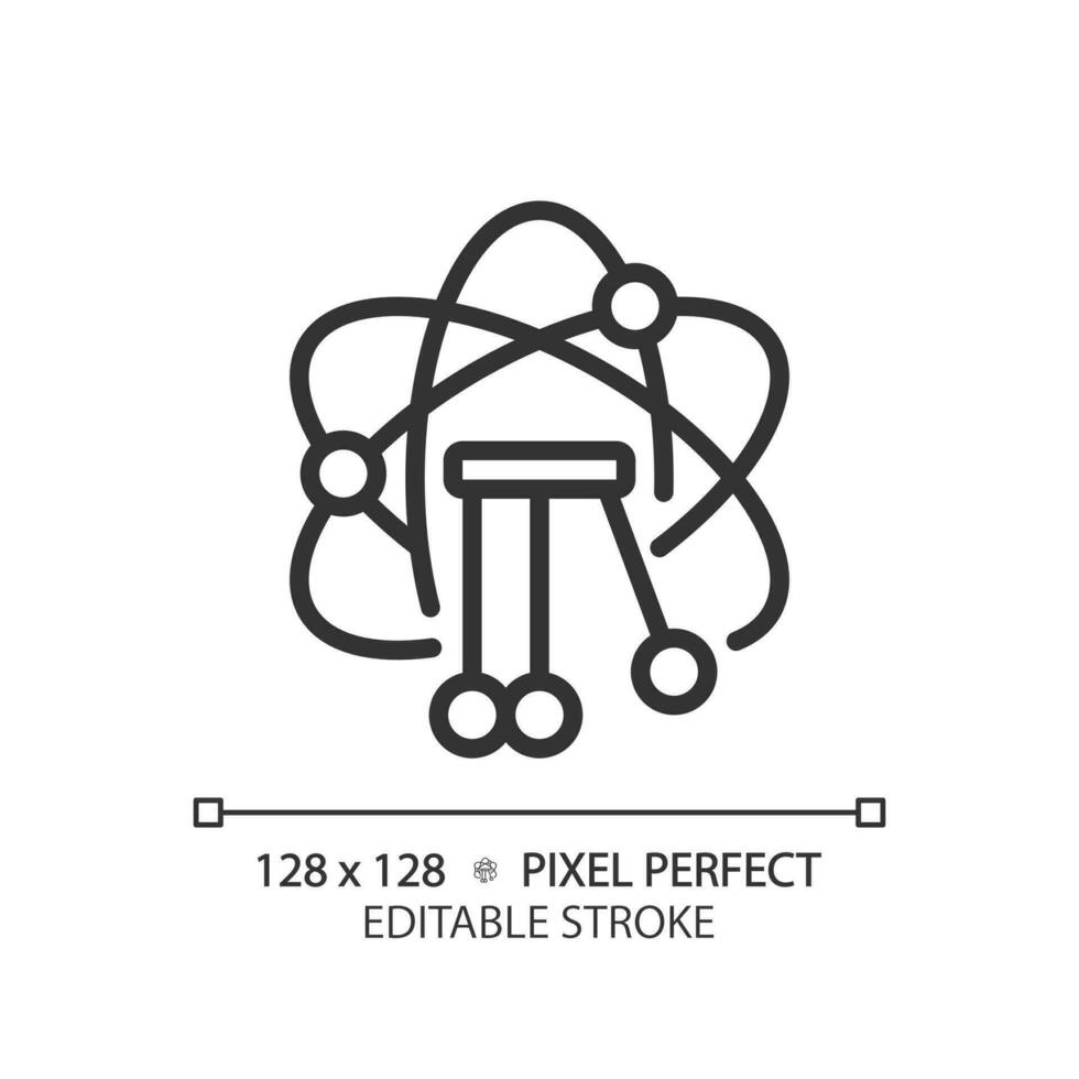 STEM in physics pixel perfect linear icon. Subject learning with interest. Student motivation. Education development. Thin line illustration. Contour symbol. Vector outline drawing. Editable stroke
