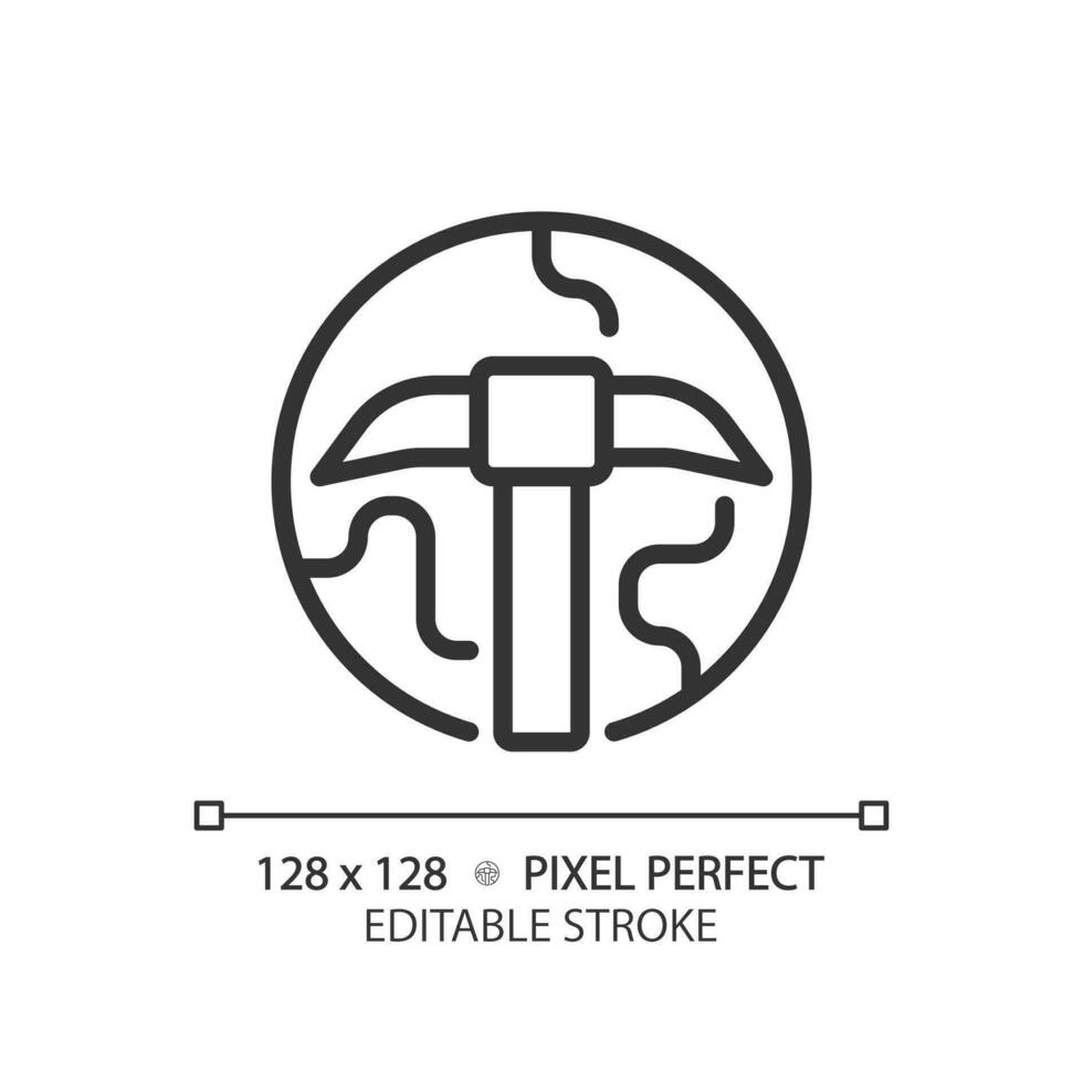 STEM in geology pixel perfect linear icon. Mineral deposits searching. Ore extraction technology. Education course. Thin line illustration. Contour symbol. Vector outline drawing. Editable stroke