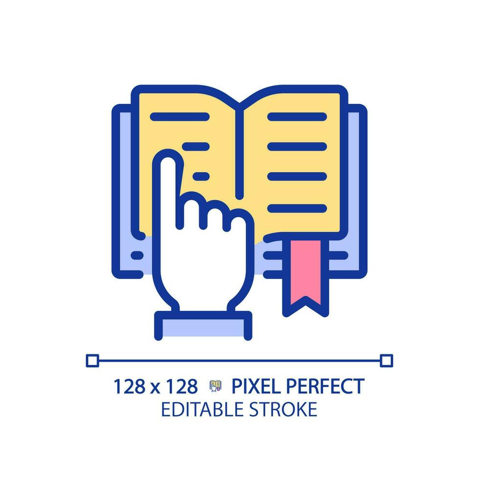 STEM in reading pixel perfect RGB color icon. Curriculum including science. Education activity. Technology integration. Isolated vector illustration. Simple filled line drawing. Editable stroke