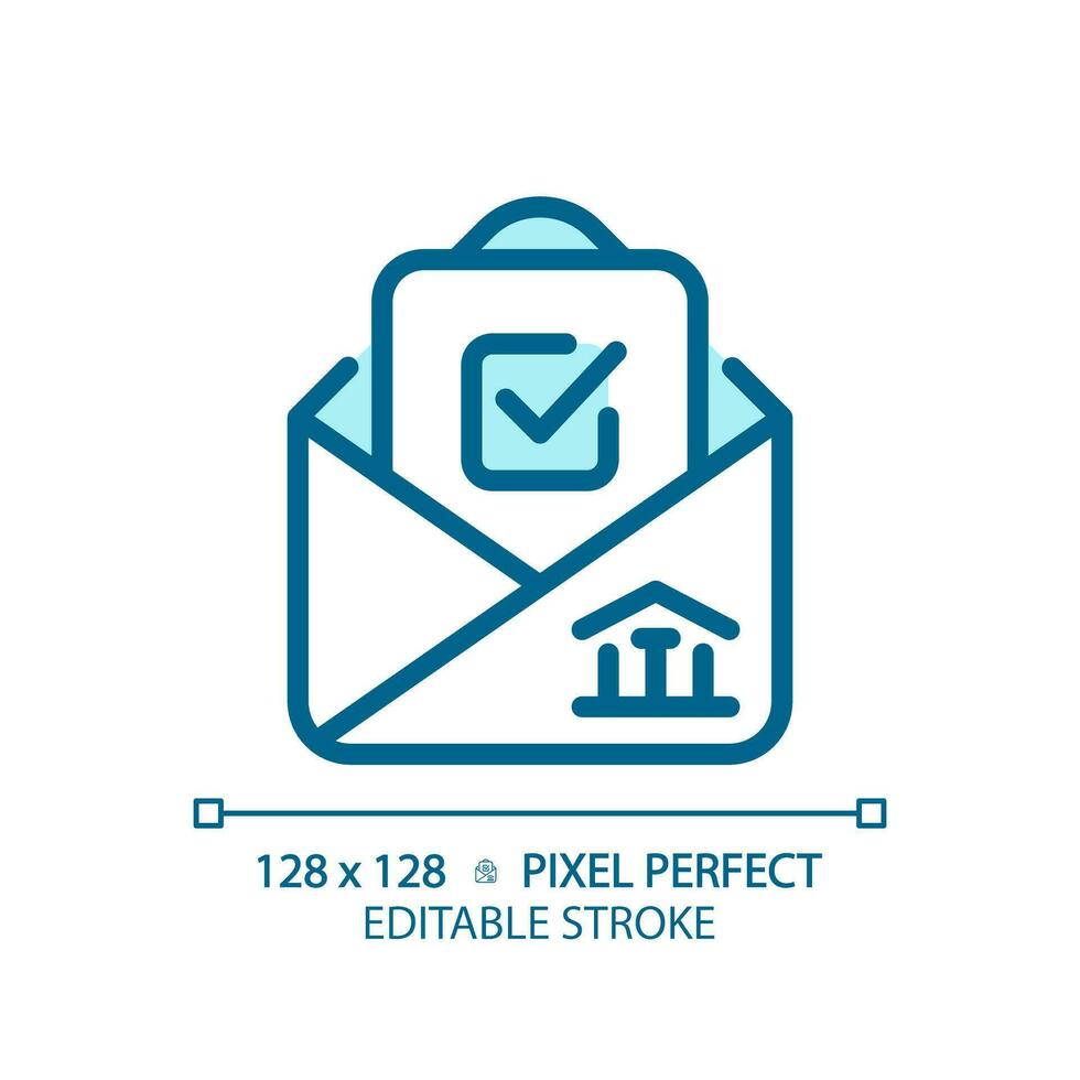 2D pixel perfect blue icon with checkmark and envelope representing voting, isolated vector illustration