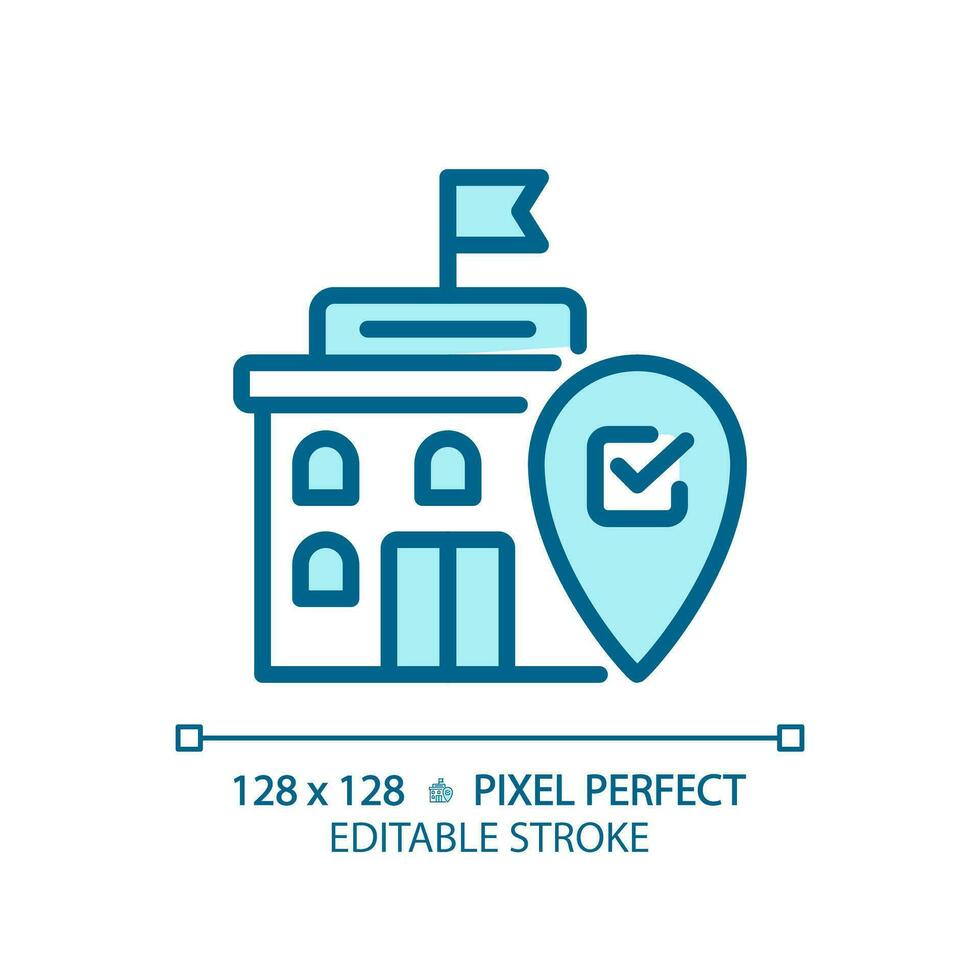 Pixel perfect editable blue icon of government building with location marker icon, isolated vector illustration