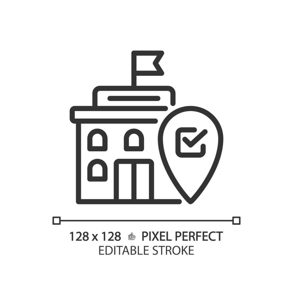 2D pixel perfect editable thin line icon of government building with location marker, isolated vector illustration.