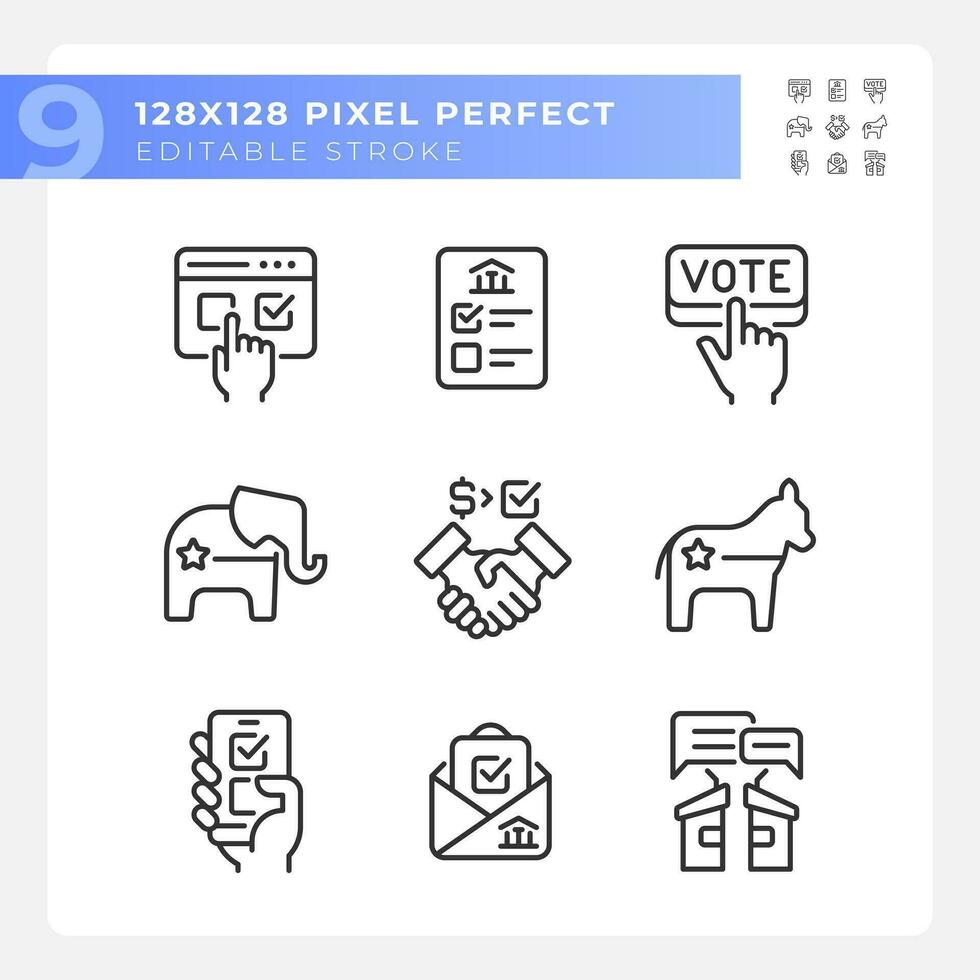 2D customizable pixel perfect thin line icons set representing voting, vector illustration of politics and election.