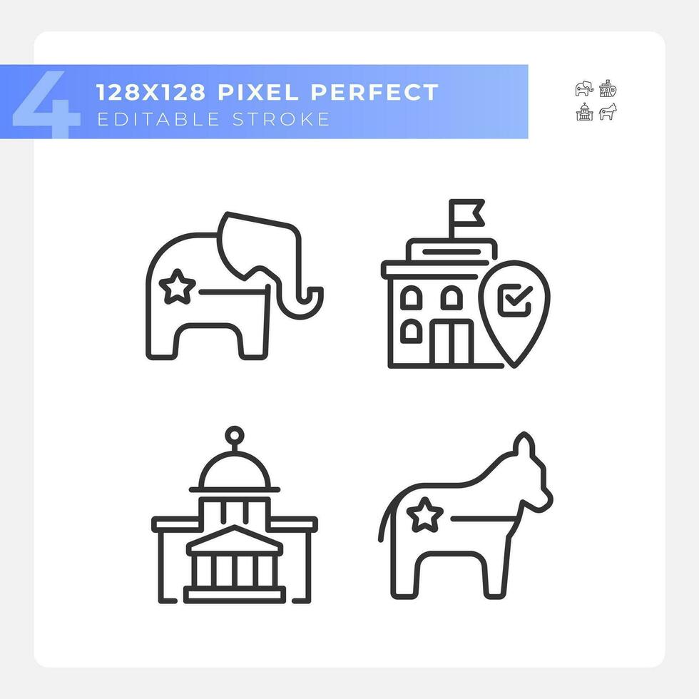 Pixel perfect set of thin line icons representing voting and political parties, editable politics and election signs. vector