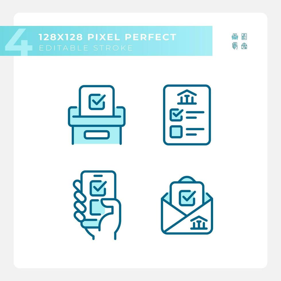 píxel Perfecto íconos conjunto representando votación, aislado azul ilustración, editable elección señales. vector