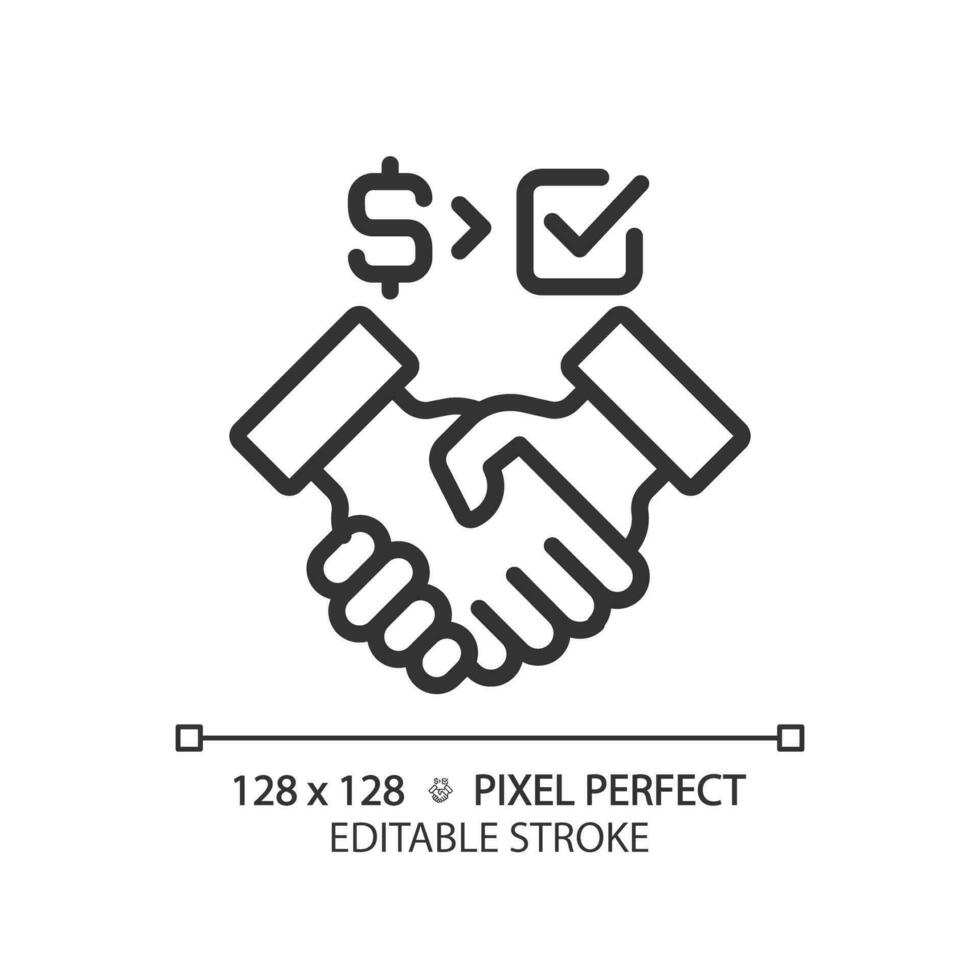 2D pixel perfect thin line icon of people handshaking with dollar and checkmark sign, isolated vector illustration of partnership.