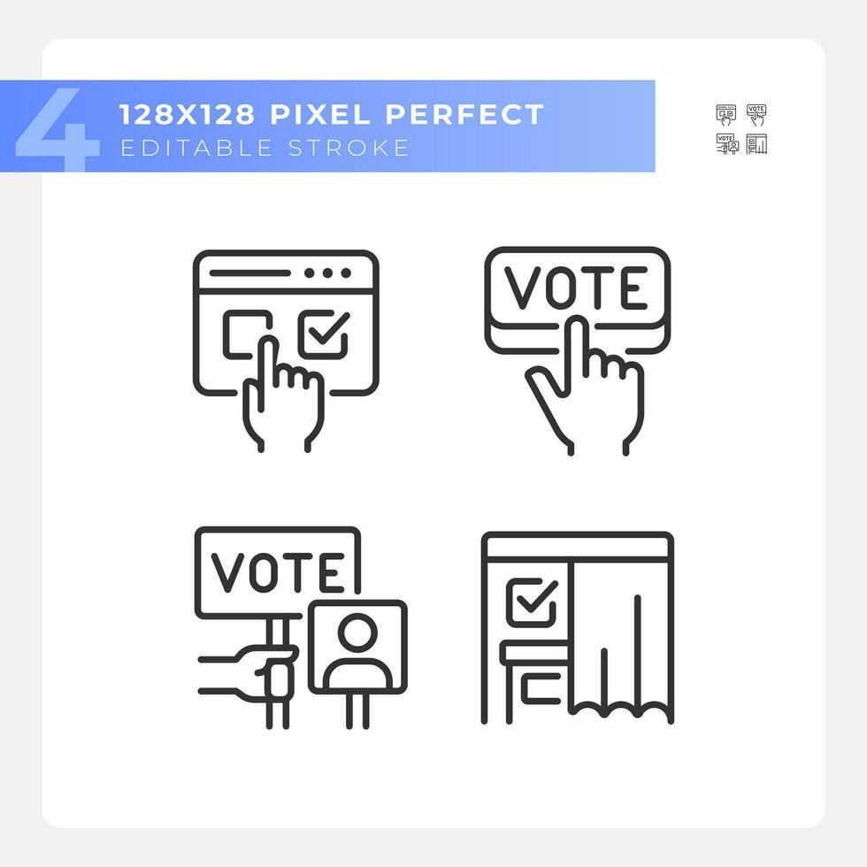 Pixel perfect set of thin line icons representing voting, isolated vector illustration, editable election symbols.