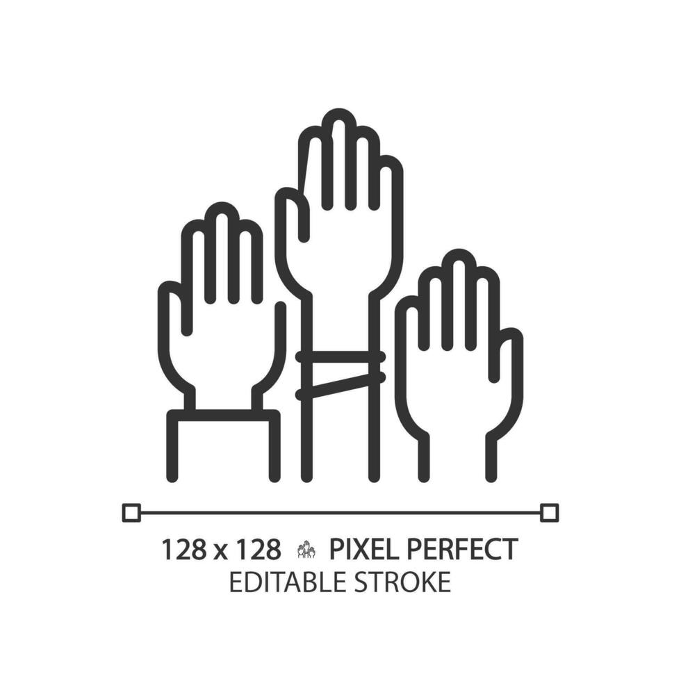 2D pixel perfect thin line icon of people with hands raised representing voting, isolated vector illustration, editable voters symbol.