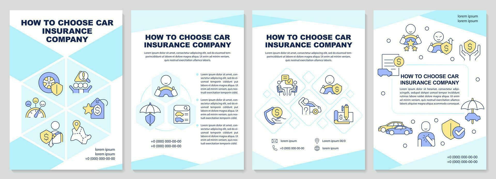 Choose car insurance company blue brochure template. Coverage. Leaflet design with linear icons. Editable 4 vector layouts for presentation, annual reports