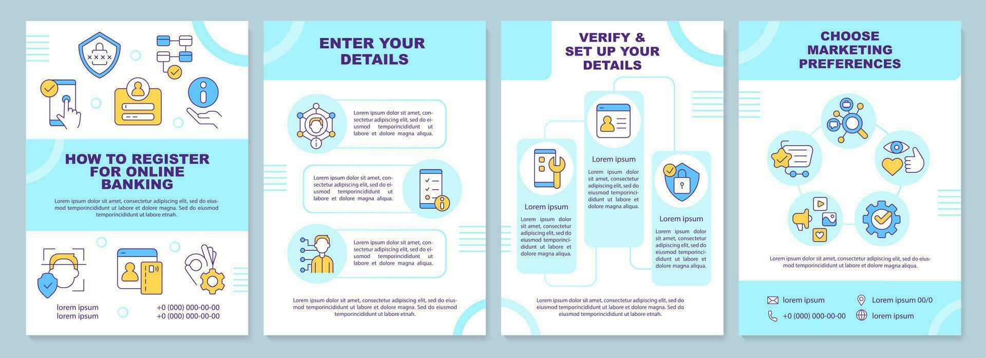 Online banking registration blue brochure template. Web wallet. Leaflet design with linear icons. Editable 4 vector layouts for presentation, annual reports