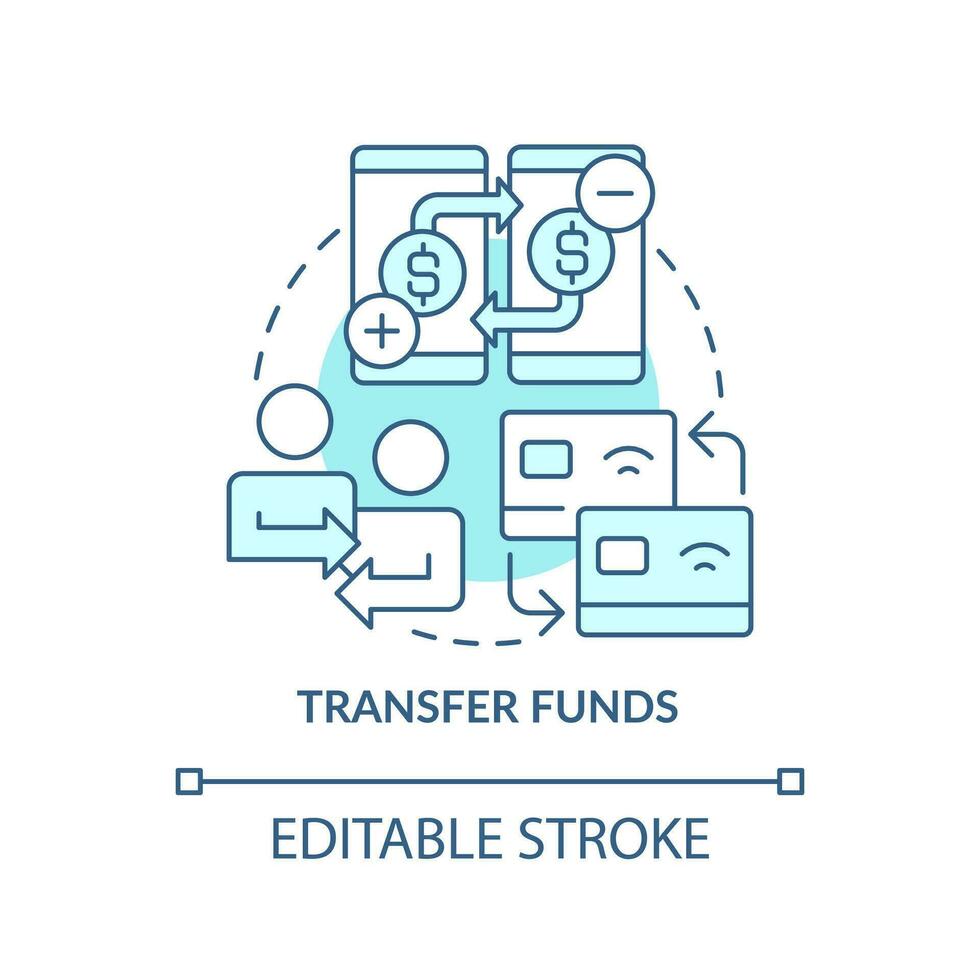 Transfer funds turquoise concept icon. Online payments. Net banking benefit abstract idea thin line illustration. Isolated outline drawing. Editable stroke vector