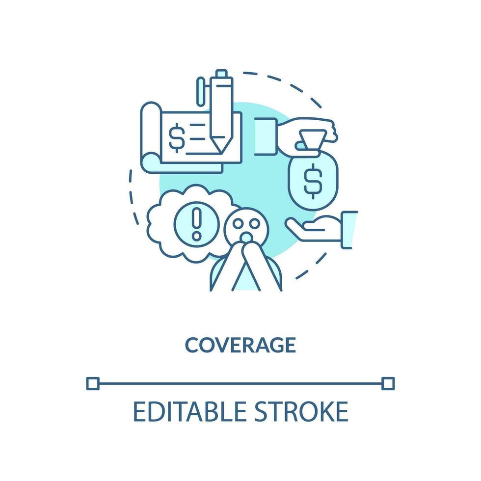 Insurance coverage turquoise concept icon. Money compensation. Finance assistance abstract idea thin line illustration. Isolated outline drawing. Editable stroke vector