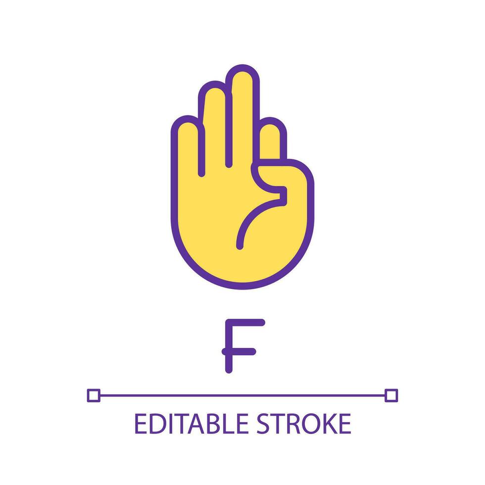 Letter F in American sign language pixel perfect RGB color icon. Nonverbal communication. Isolated vector illustration. Simple filled line drawing. Editable stroke