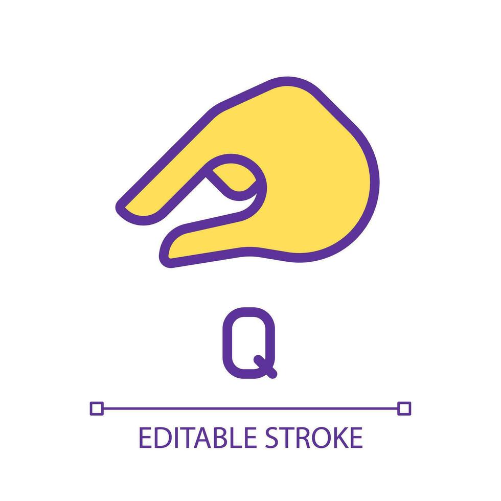 Sing for letter Q in ASL pixel perfect RGB color icon. System of communication. Gestures system. Isolated vector illustration. Simple filled line drawing. Editable stroke