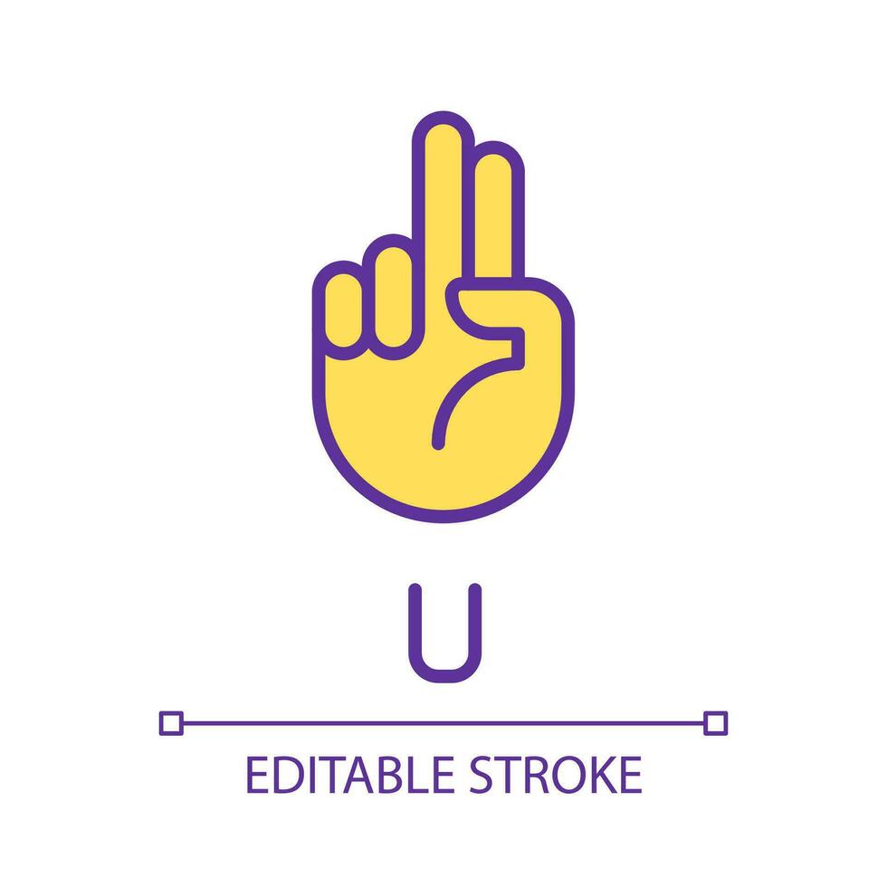 Letter U sign in ASL pixel perfect RGB color icon. Words visualization by gestures. Communication. Isolated vector illustration. Simple filled line drawing. Editable stroke