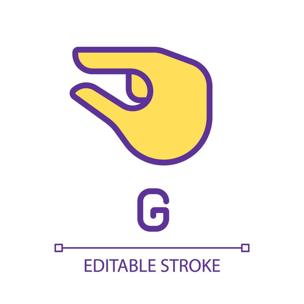 Sign for letter G in ASL pixel perfect RGB color icon. Nonverbal communication for people with deafness. Isolated vector illustration. Simple filled line drawing. Editable stroke