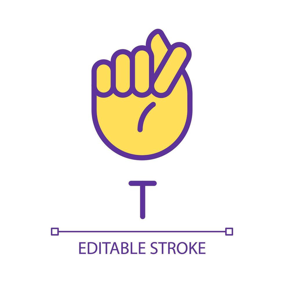 Letter T sign in ASL pixel perfect RGB color icon. Words building. Communication modality. Isolated vector illustration. Simple filled line drawing. Editable stroke