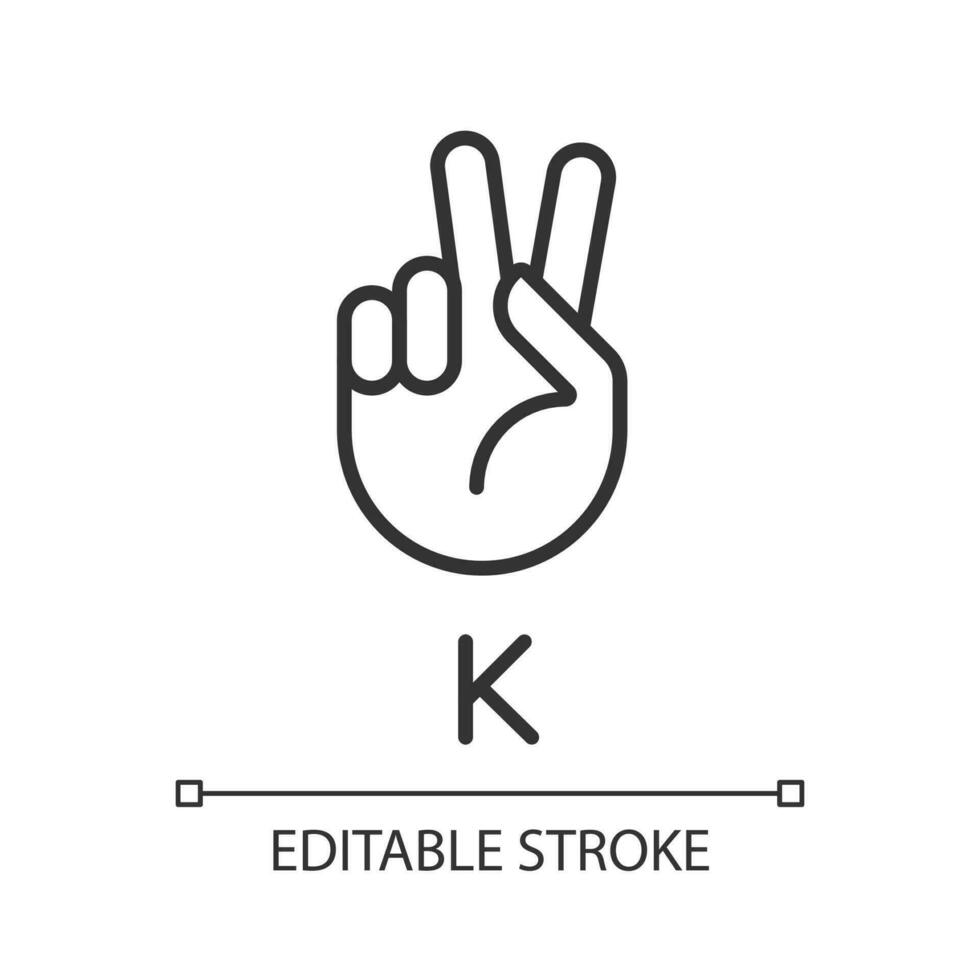 Letter K sign in ASL pixel perfect linear icon. Nonverbal communication. Patients with deafness care. Thin line illustration. Contour symbol. Vector outline drawing. Editable stroke