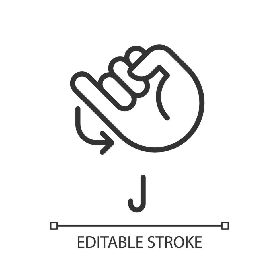 Letter J sign in ASL pixel perfect linear icon. System of nonverbal communication. Words visualization. Thin line illustration. Contour symbol. Vector outline drawing. Editable stroke