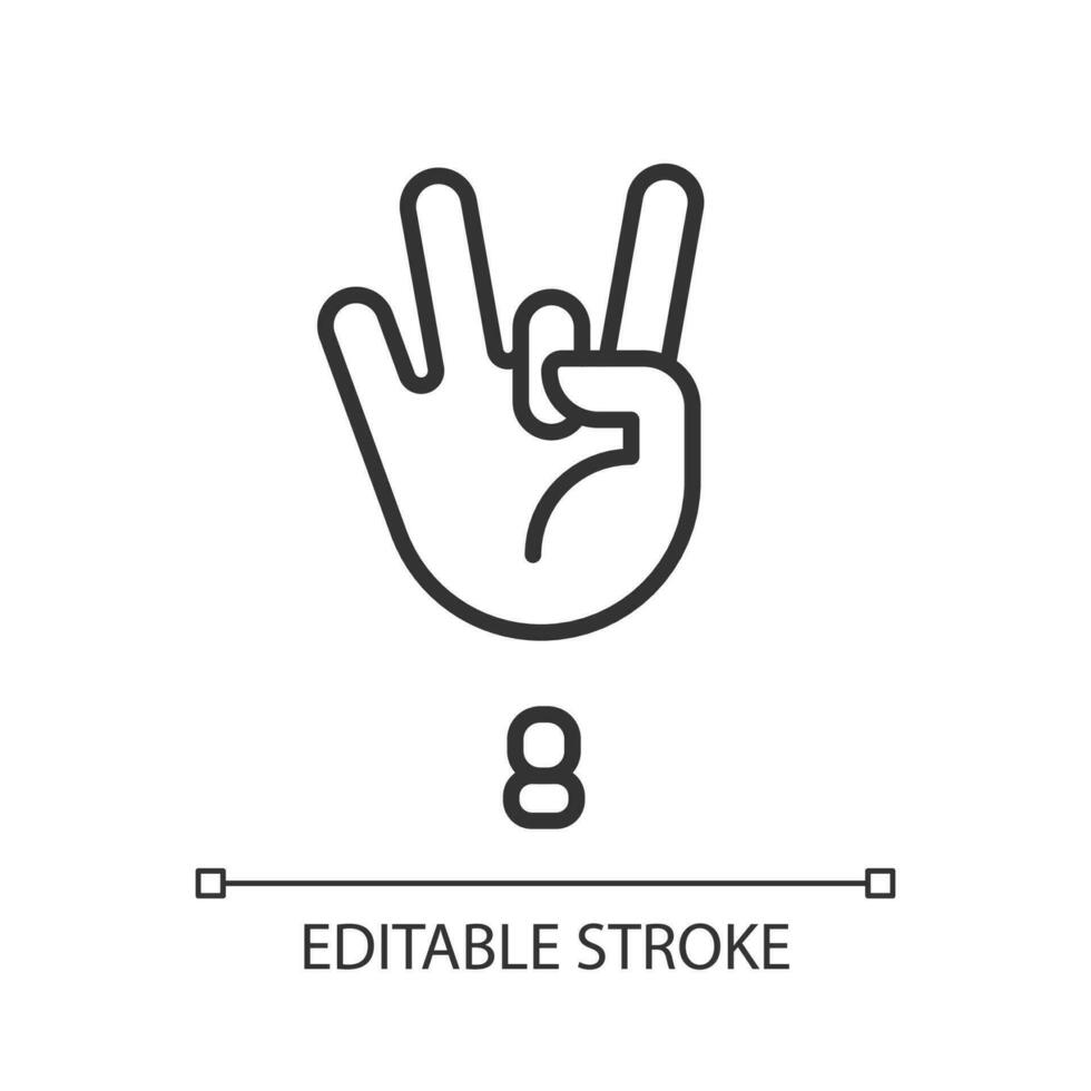 Digit eight sign in ASL pixel perfect linear icon. Gesture language. Nonverbal communication. Thin line illustration. Contour symbol. Vector outline drawing. Editable stroke