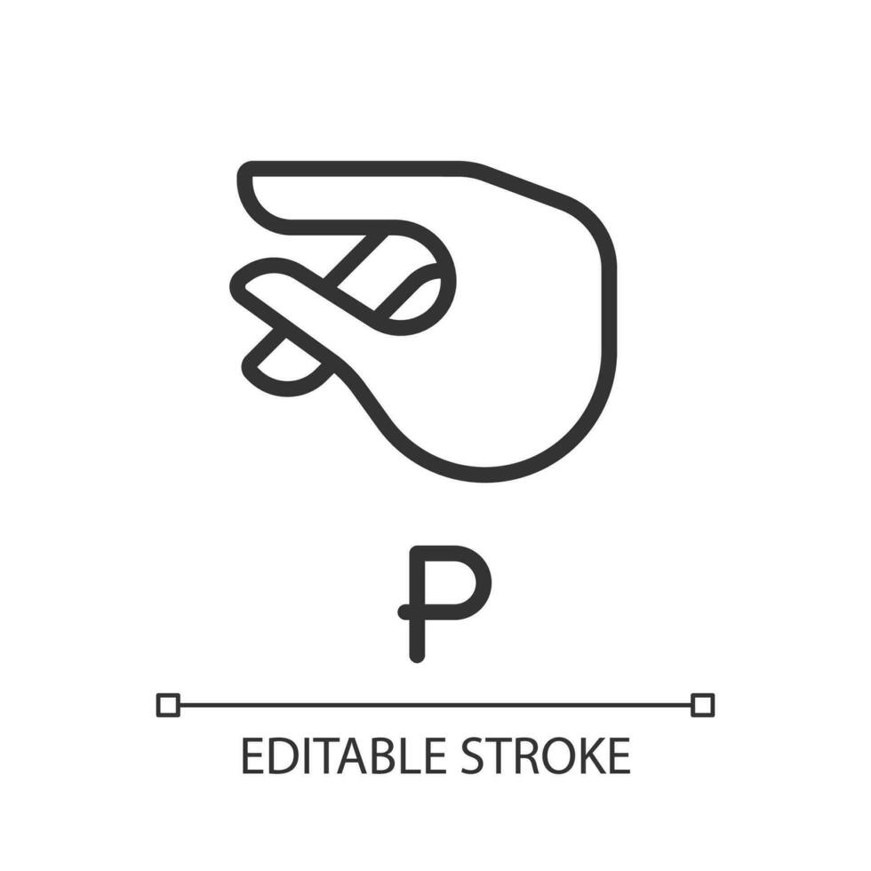Letter P sign in ASL pixel perfect linear icon. System of nonverbal communication. Gesturing. Thin line illustration. Contour symbol. Vector outline drawing. Editable stroke