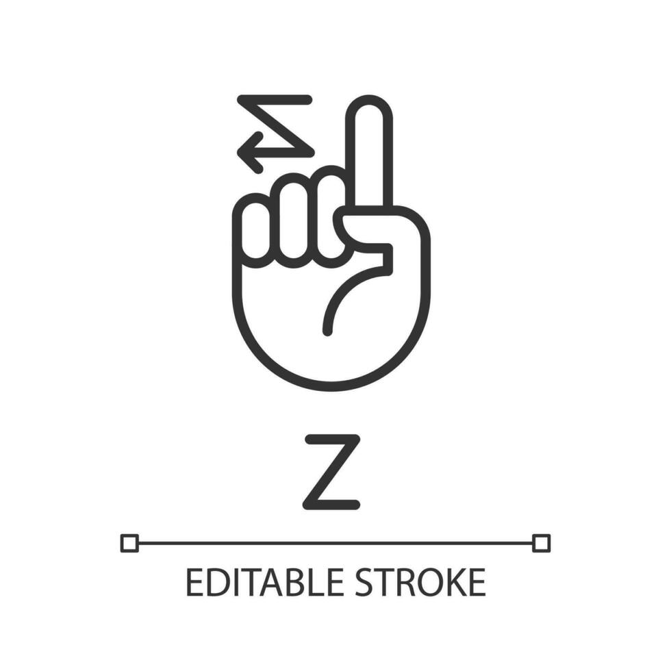 Signing letter Z in ASL pixel perfect linear icon. American nonverbal language. Dealing with deafness. Thin line illustration. Contour symbol. Vector outline drawing. Editable stroke