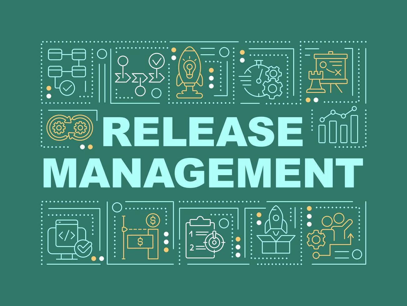 Release management word concepts dark green banner. Startup launch. Infographics with editable icons on color background. Isolated typography. Vector illustration with text