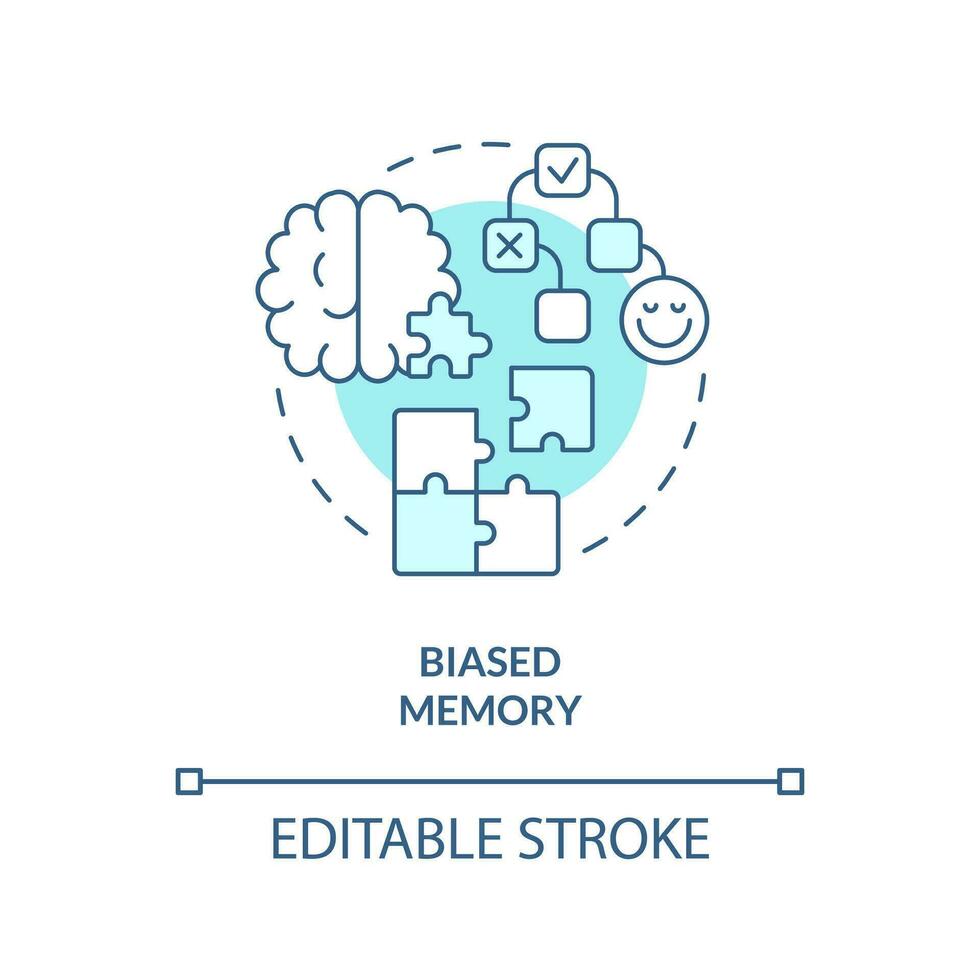 Biased memory turquoise concept icon. Prior beliefs. Type of cognitive prejudice abstract idea thin line illustration. Isolated outline drawing. Editable stroke vector