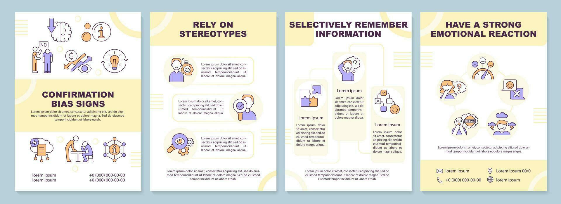 Confirmation bias signs brochure template. Decision making. Leaflet design with linear icons. Editable 4 vector layouts for presentation, annual reports