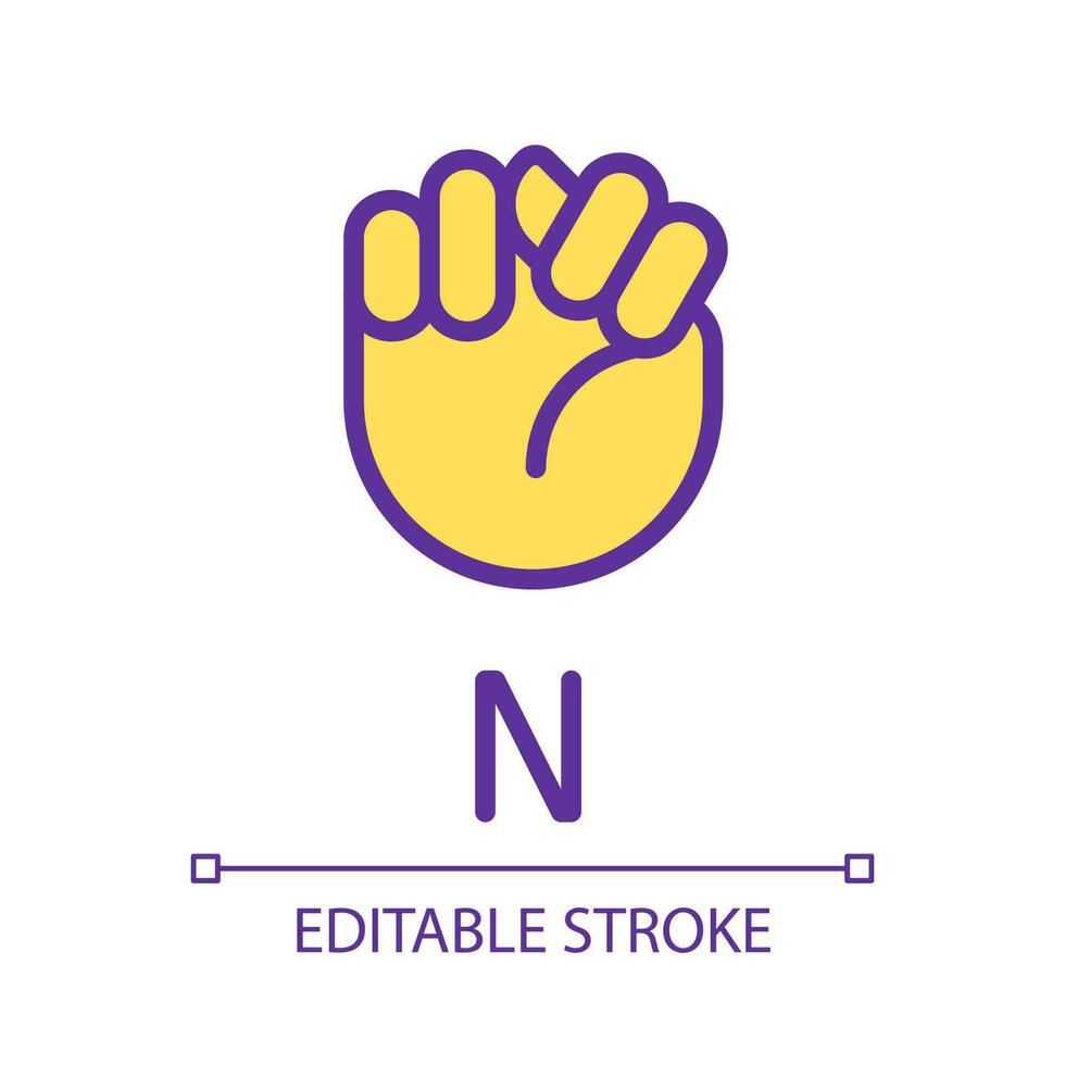 Letter N sign in ASL pixel perfect RGB color icon. Communication system. Visual modality. Isolated vector illustration. Simple filled line drawing. Editable stroke