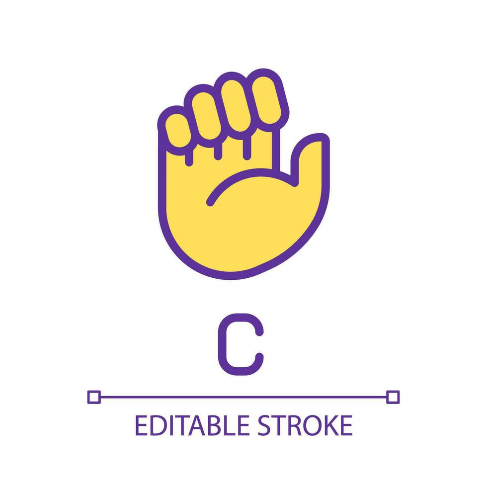 Sign for letter C in ASL pixel perfect RGB color icon. Nonverbal communication. Visual system. Isolated vector illustration. Simple filled line drawing. Editable stroke