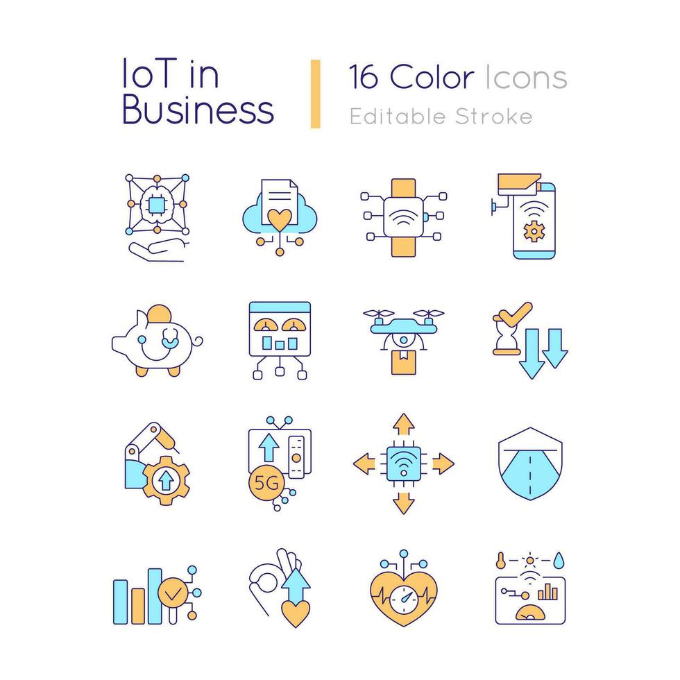 IoT in business RGB color icons set. Provide innovation. Involve technologies. Isolated vector illustrations. Simple filled line drawings collection. Editable stroke used