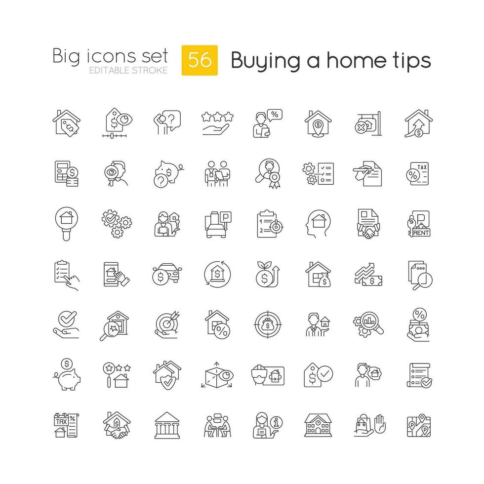 Home buying guide linear big icons set. Real estate purchase. House hunting. Customizable thin line symbols. Isolated vector outline illustrations. Editable stroke used