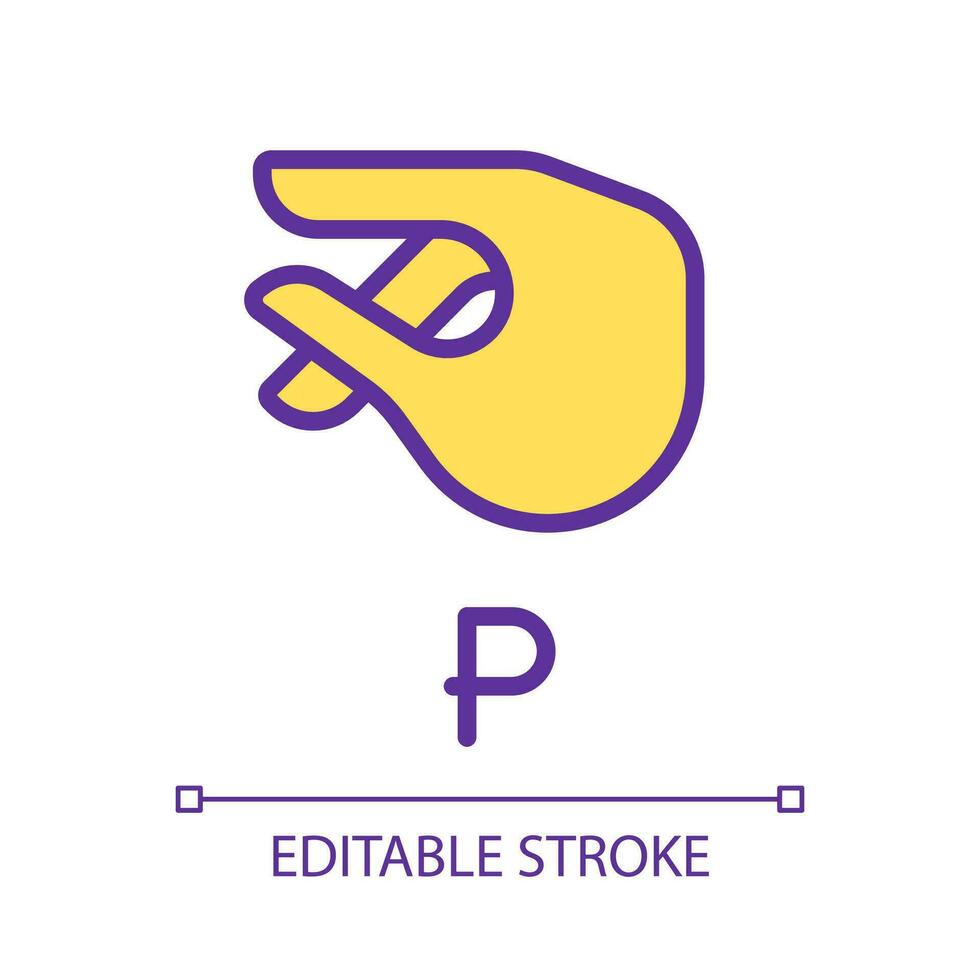 Letter P sign in ASL pixel perfect RGB color icon. System of nonverbal communication. Gesturing. Isolated vector illustration. Simple filled line drawing. Editable stroke
