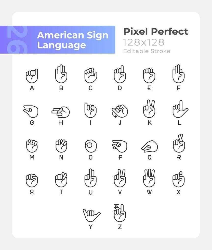 Letters in American sign language pixel perfect linear icons set. Customizable thin line symbols. Isolated vector outline illustrations. Editable stroke