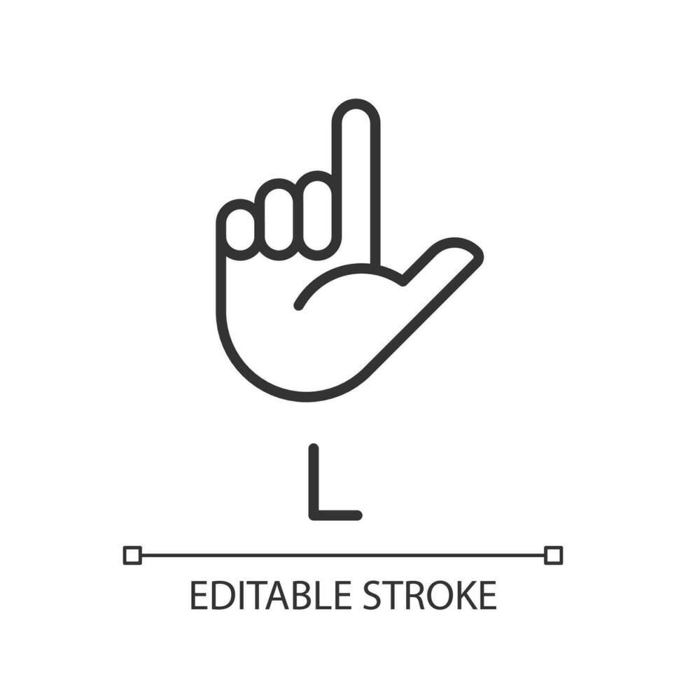 Letter L in American sign language pixel perfect linear icon. Communication system element. Thin line illustration. Contour symbol. Vector outline drawing. Editable stroke