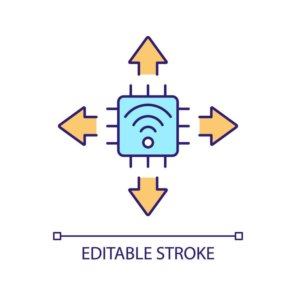 Wireless internet connection RGB color icon. Telecommunication network. Bandwidth signal. Internet of things. Isolated vector illustration. Simple filled line drawing. Editable stroke