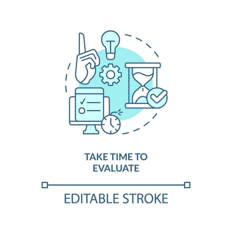 Take time to evaluate turquoise concept icon. Reducing confirmation bias tip abstract idea thin line illustration. Isolated outline drawing. Editable stroke vector