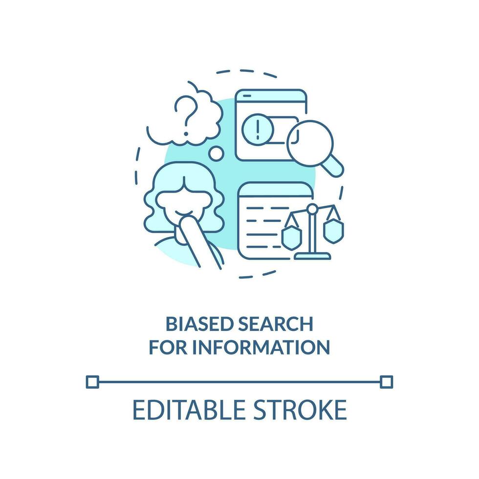 Biased search for information turquoise concept icon. Type of cognitive prejudice abstract idea thin line illustration. Isolated outline drawing. Editable stroke vector