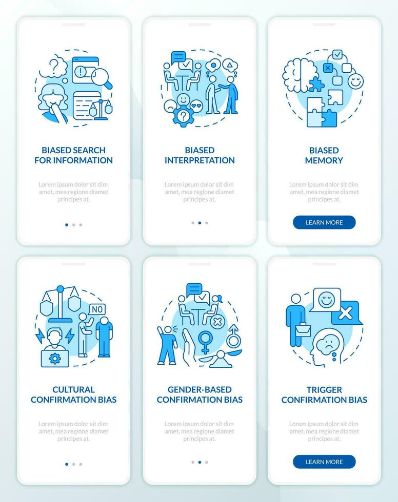 cognitivo parcialidad en psicología azul inducción móvil aplicación pantalla colocar. recorrido 3 pasos editable gráfico instrucciones con lineal conceptos. ui, ux, gui modelo vector