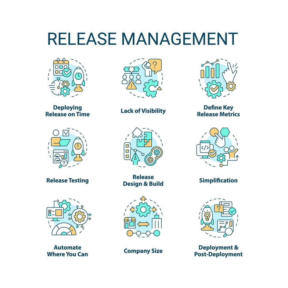 Release management concept icons set. Product development. Software delivery process idea thin line color illustrations. Isolated symbols. Editable stroke vector