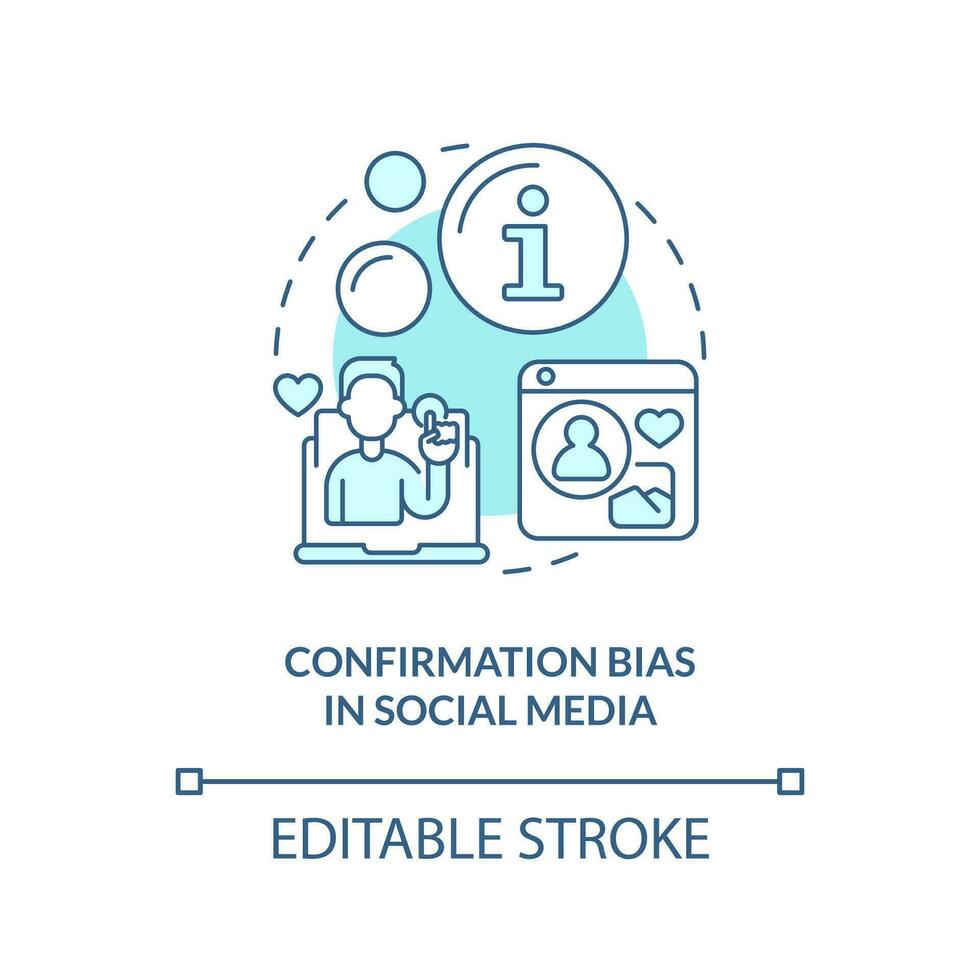 Confirmation bias in social media turquoise concept icon. Cognitive prejudice example abstract idea thin line illustration. Isolated outline drawing. Editable stroke vector