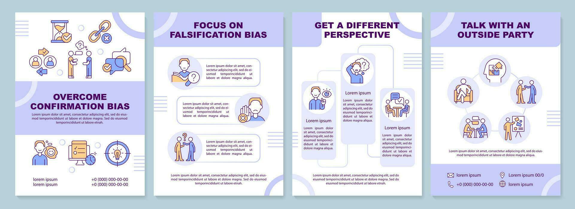 Overcoming confirmation bias tips blue brochure template. Leaflet design with linear icons. Editable 4 vector layouts for presentation, annual reports