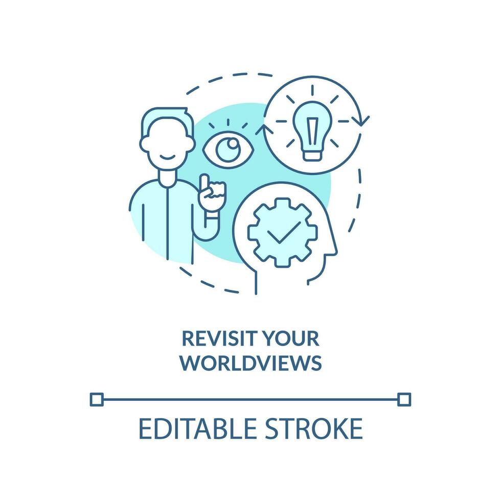 Revisit worldviews turquoise concept icon. Overcoming confirmation bias tip abstract idea thin line illustration. Isolated outline drawing. Editable stroke vector