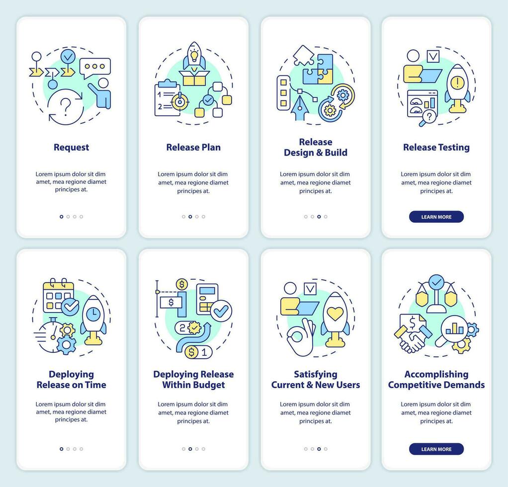 Release management process onboarding mobile app screen set. Walkthrough 4 steps editable graphic instructions with linear concepts. UI, UX, GUI template vector