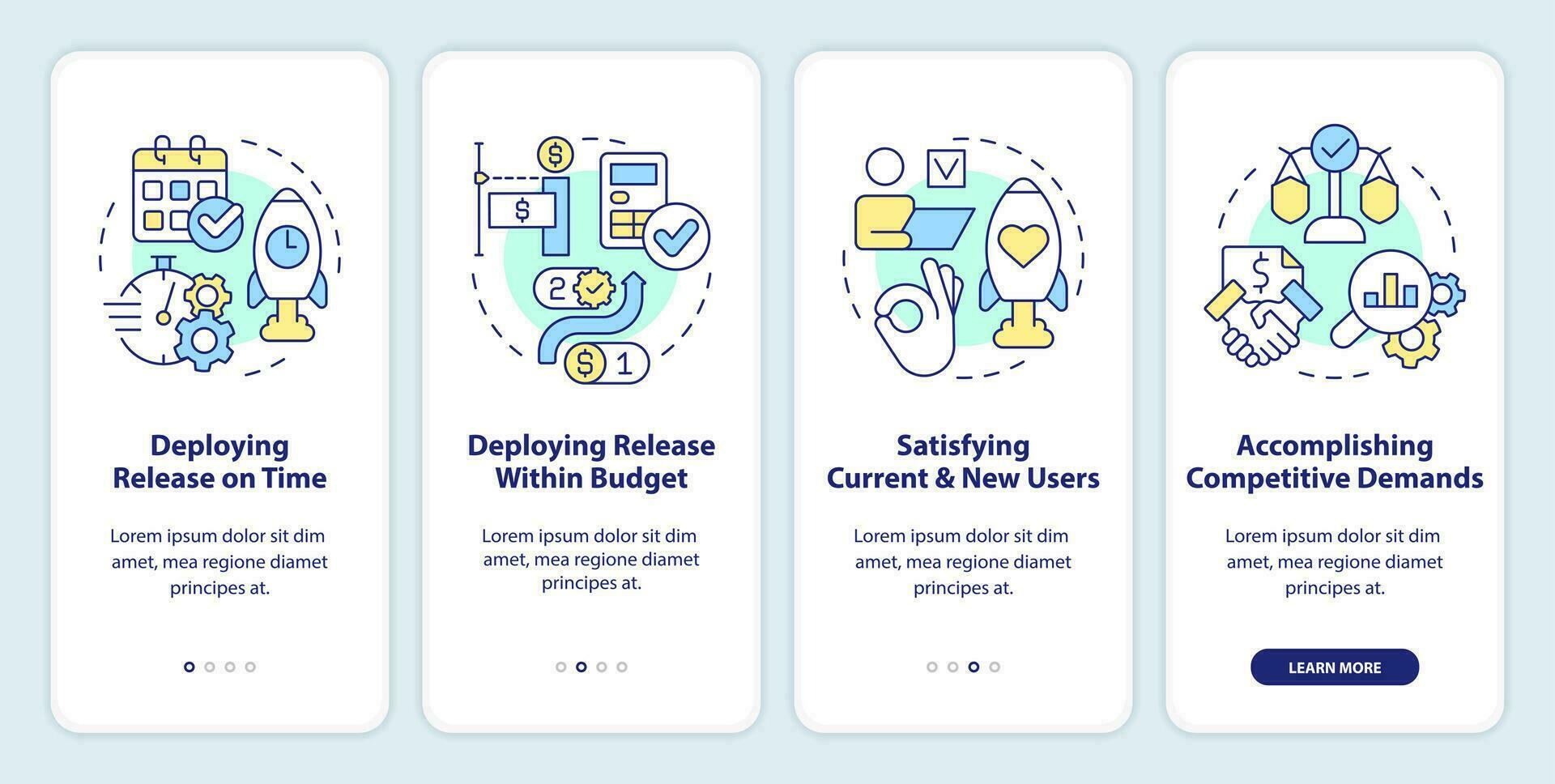 Release management success indicators onboarding mobile app screen. Walkthrough 4 steps editable graphic instructions with linear concepts. UI, UX, GUI template vector